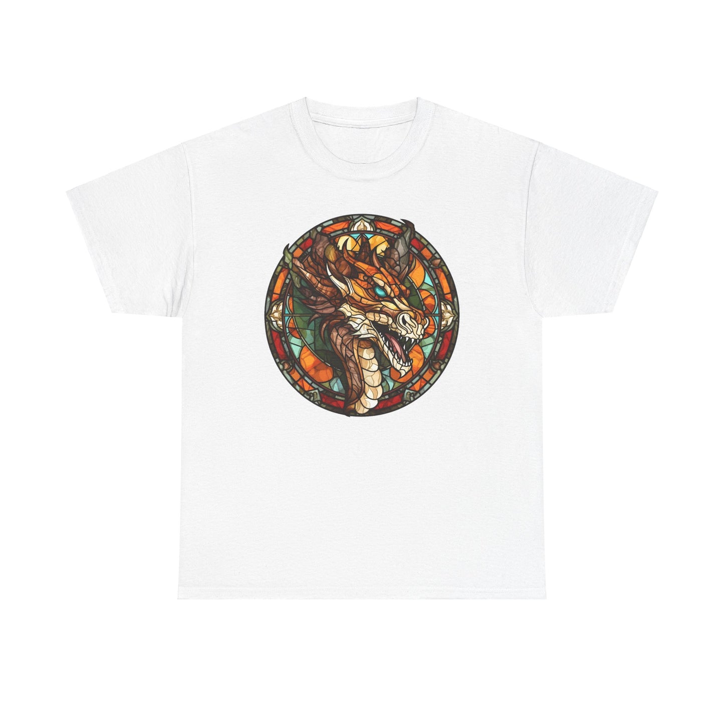 Aquamarine-Eyed Bronze Stain-Glass Dragon Heavy Cotton Tee