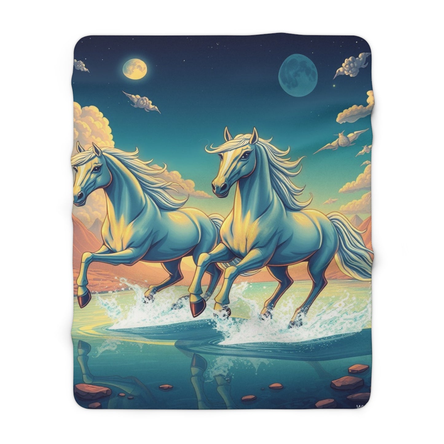 "Two White Horses Running Under a Duel Moon" Sherpa Fleece Blanket