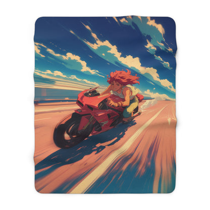 Fast Motorcycle Driving Red-Haired Anime Girl Fleece Blanket