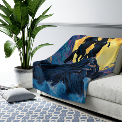 "Twin Black Horses and An Enchanted Night" Sherpa Fleece Blanket