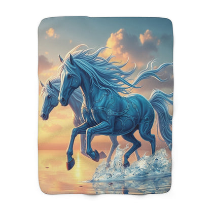 "Twin Blue Horses Running on Water" Sherpa Fleece Blanket