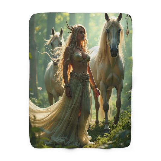 Beautiful Blonde Forest Princess and Her Horse Blanket Sherpa Fleece Blanket