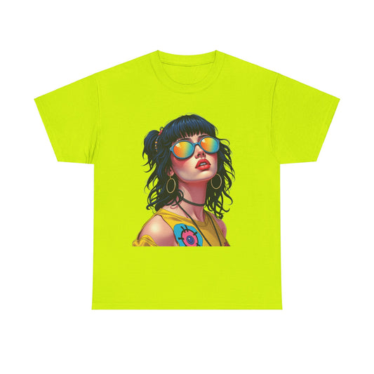 "Hippie Girl with Rainbow-Lensed Sunglasses" Heavy Cotton Tee