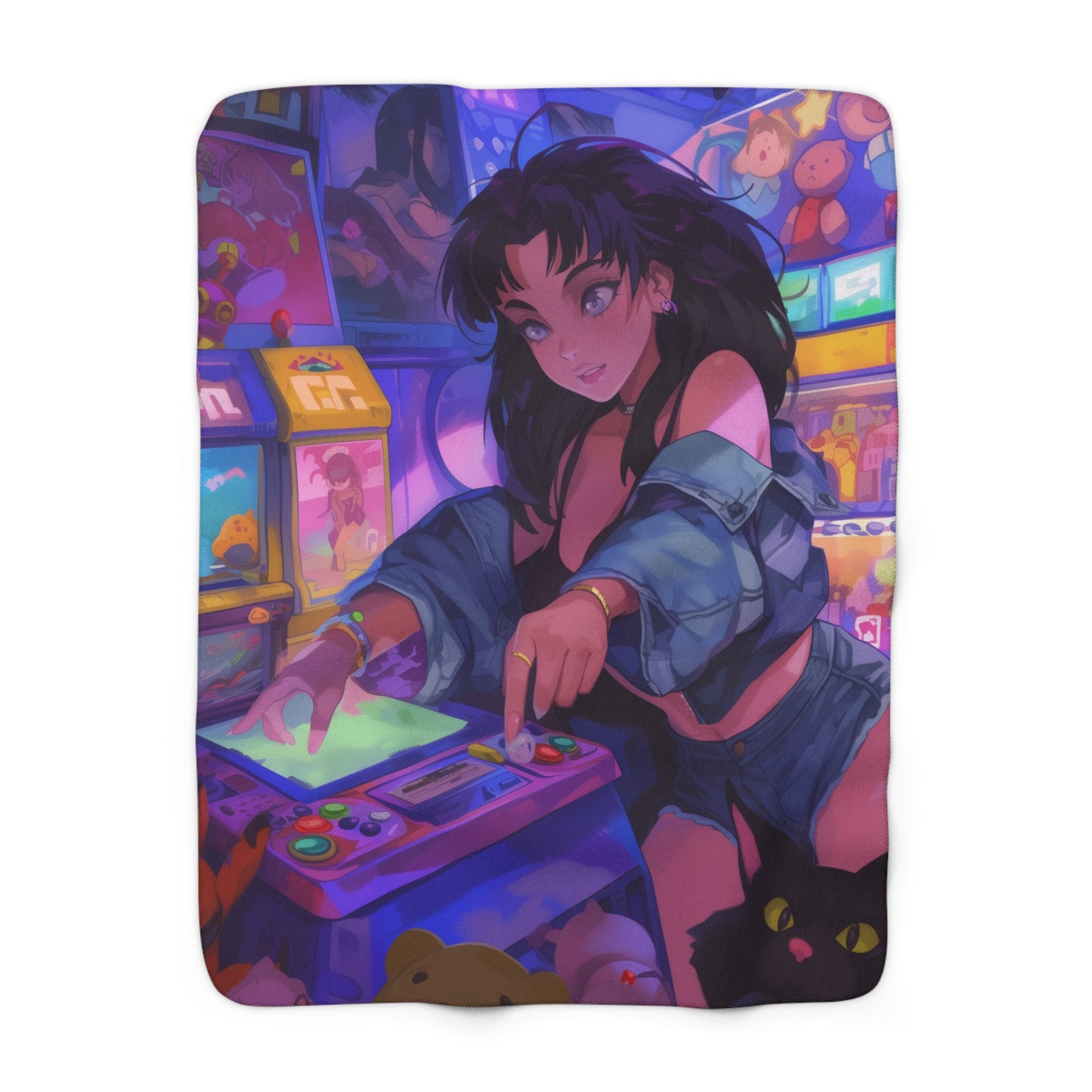 Midnight Arcade Game Playing Black-Haired Girl With Her Cat Fleece Blanket